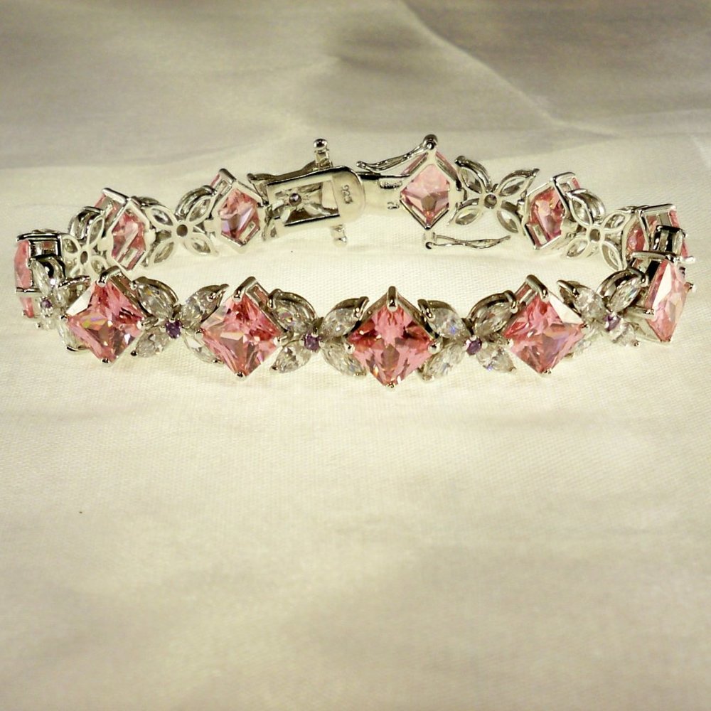 NEW Princess Cut Pink Cubic Zirconias Silver DESIGNER Bracelet